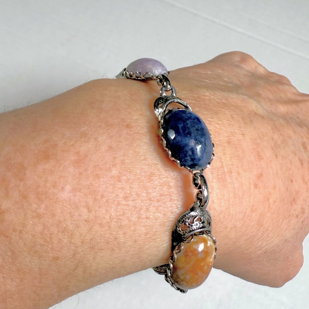 Bracelet Silver Toned Blue Stones‎ & Pink Cream Brown Stones Boho Chunky Retro